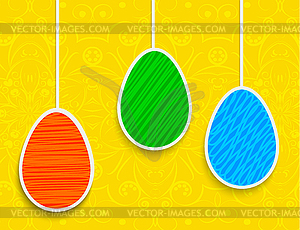 Easter background with hanging on ropes eggs - color vector clipart