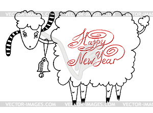 Happy new year design card with goat or sheep, - vector image