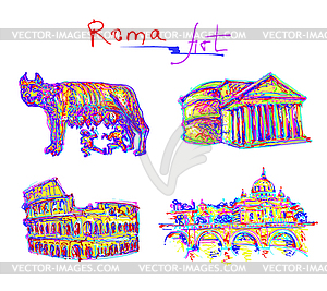 Set famous place of Rome Italy, original drawing - vector image