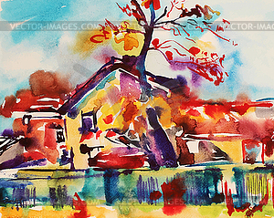 Original watercolor abstract rural landscape - vector image