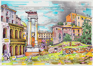 Original marker painting of Rome Italy cityscape - vector image