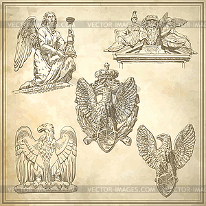 Set of sketch drawing winged element angel and eagle - royalty-free vector image