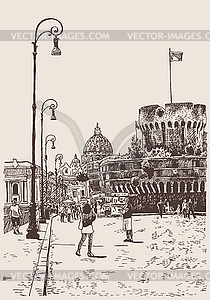 Drawing of cityscape with fortress of Sant`Angelo i - vector image
