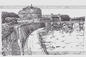 Drawing of cityscape with fortress of Sant`Angelo i - white & black vector clipart