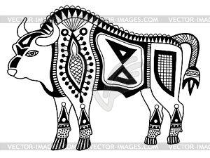 Black and white original ethnic tribal bison drawing - vector image