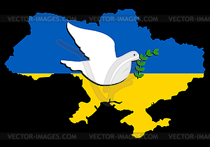 Flag on map of Ukraine with dove of peace. White - vector image