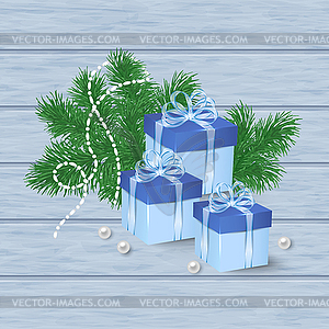 Christmas card with blue gift boxes - vector image