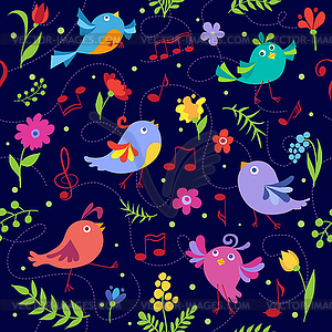 Cute spring musical birds seamless pattern blue - vector image