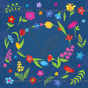 Beautiful greeting card with spring flowers blue - vector image