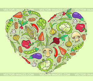 Сердце овощей на зеленый - векторный дизайн