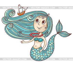 Cute mermaid with ship - vector clipart