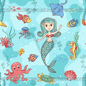 Seamless pattern with mermaid - vector image