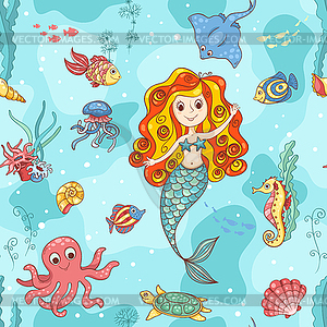 Seamless pattern with red mermaid - vector clip art