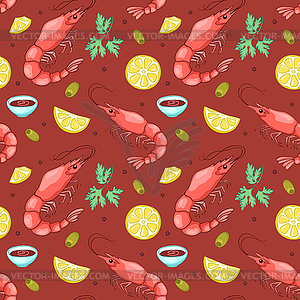 Red seamless pattern with shrimps - vector image