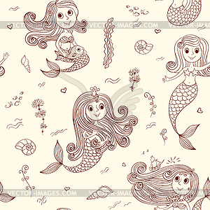 Doodle mermaids seamless pattern brown - vector clip art