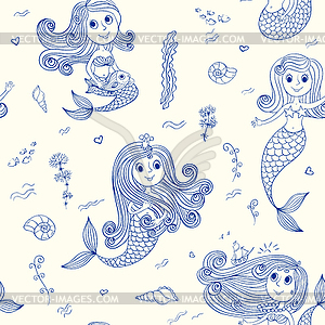 Doodle mermaids seamless pattern - vector image