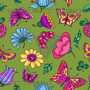 Seamless pattern with butterflies and flowers - vector image