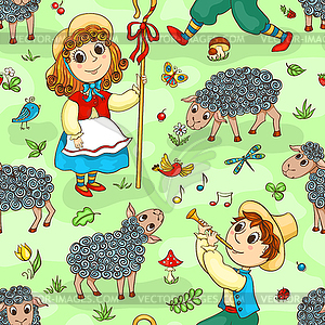 Seamless pattern with shepherd-girl and shepherd-boy - vector clipart