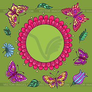 Card with butterflies and flowers - vector image