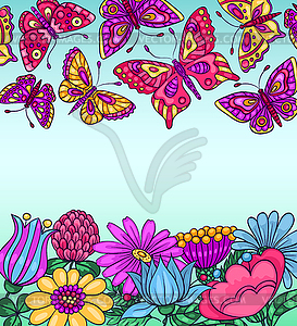 Card with butterflies and flowers blue - vector clip art