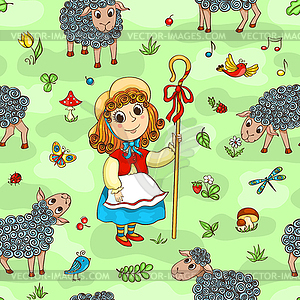 Seamless pattern with shepherd-girl - vector image