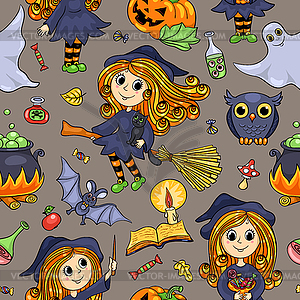 Cute cartoon Halloween hand-drawn seamless pattern - vector image