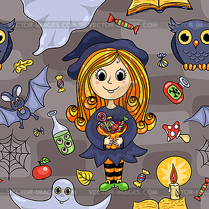 Cute cartoon Halloween seamless pattern - vector clip art