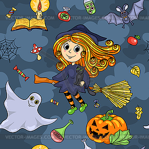 Cute cartoon Halloween seamless pattern with witch - vector image