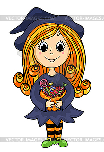 Cute little witch with candies - vector image