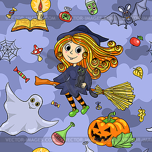 Cute cartoon Halloween seamless pattern with - royalty-free vector image