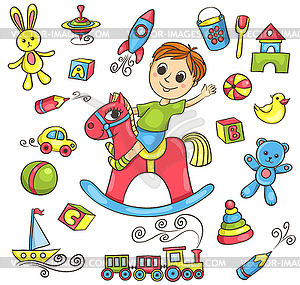 Cute hand-drawn set with toys - vector clip art