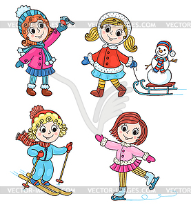 Happy winter girls - vector clip art