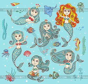 Cute set with mermaids - vector clipart