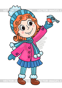 Happy girl in winter clothes with bird - vector clip art