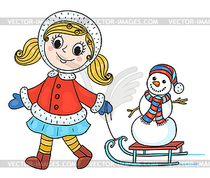 Happy girl in winter clothes with snowman - vector image