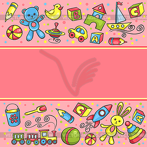 Card with children toys pink - vector clip art