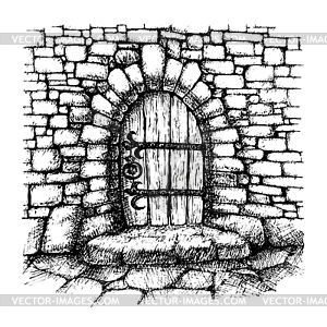 Arched door in a stone wall , scatch - vector image