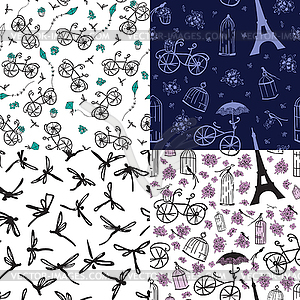 Набор бесшовных паттернов с цветами и велосипедов - иллюстрация в векторном формате