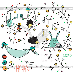 Set of flowers and animals for design - vector image