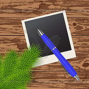 Twig tree, photo frame and blue pen - vector clipart