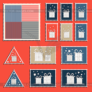 Large set of colorful CHristmas postage stamps. - vector image