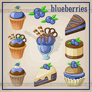 Set of sweets with blueberries - vector clipart