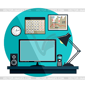 Flat with office things, equipment - vector image