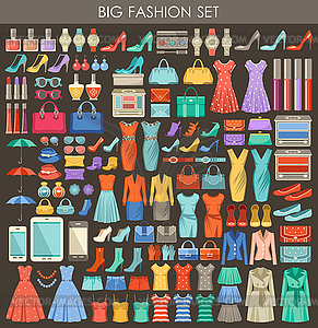 Big fashion set in style flat design - vector clip art