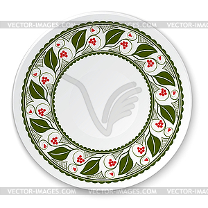 Round porcelain plate on painting of viburnum on - royalty-free vector image