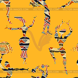 Ethnic yellow seamless texture with figures of - vector clipart