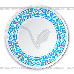 Round porcelain plate on painting of blue snowflakes - vector clip art