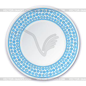 Porcelain plate on painting of blue snowflakes on - royalty-free vector clipart