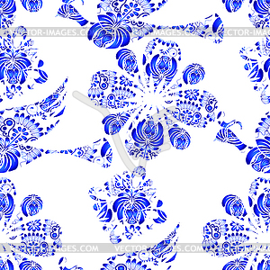 Seamless pattern in Gzhel style with flowers and - vector clip art