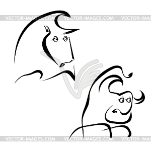 Two black silhouette of bull. Logo, trad - vector clip art